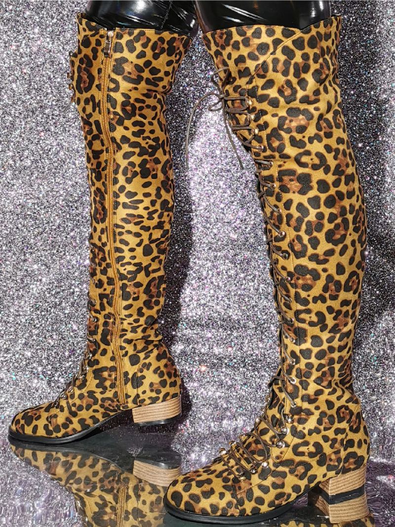 Kvinners Leopard Print Lår Høye Støvler Valp Hæl Elastisk Stoff - Leopard