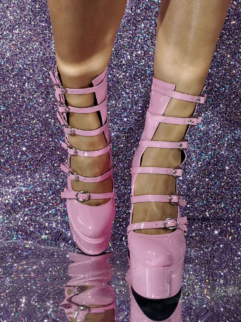 Kvinners Pinl Sexy High Heel Booties Plattformsko Spenne Detail Block Heels - Lyserosa