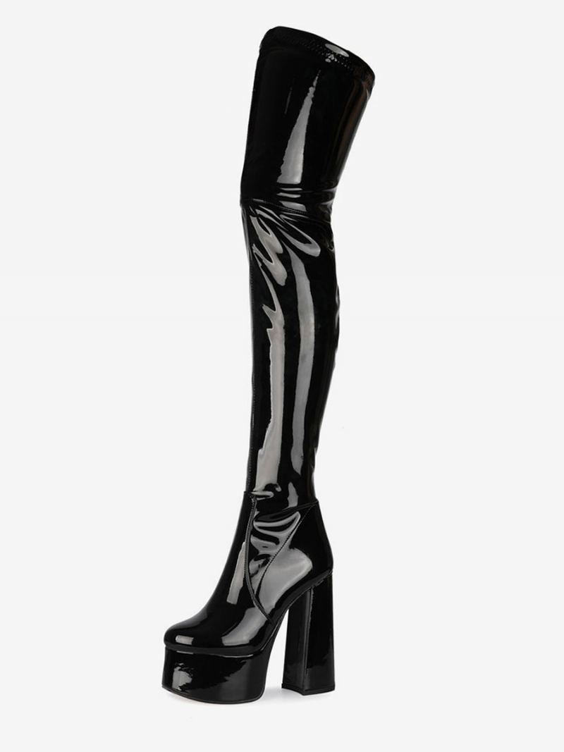 Over Kneet Støvler Svart Rund Toe Chunky Heel Høyhæl Plattformsko Bright Lær Vinterstøvler For Dame