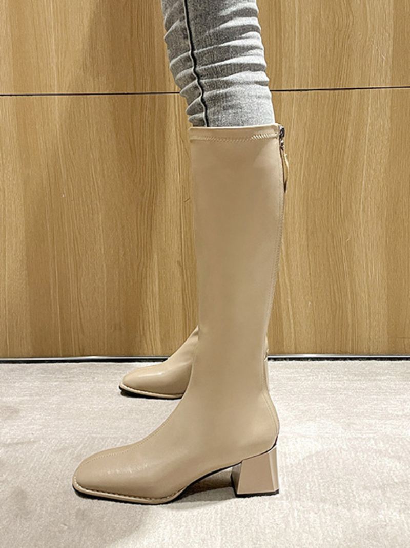 Pu-skinn Spisse Tå Chunky Heel Mid Kalv Støvler For Kvinner