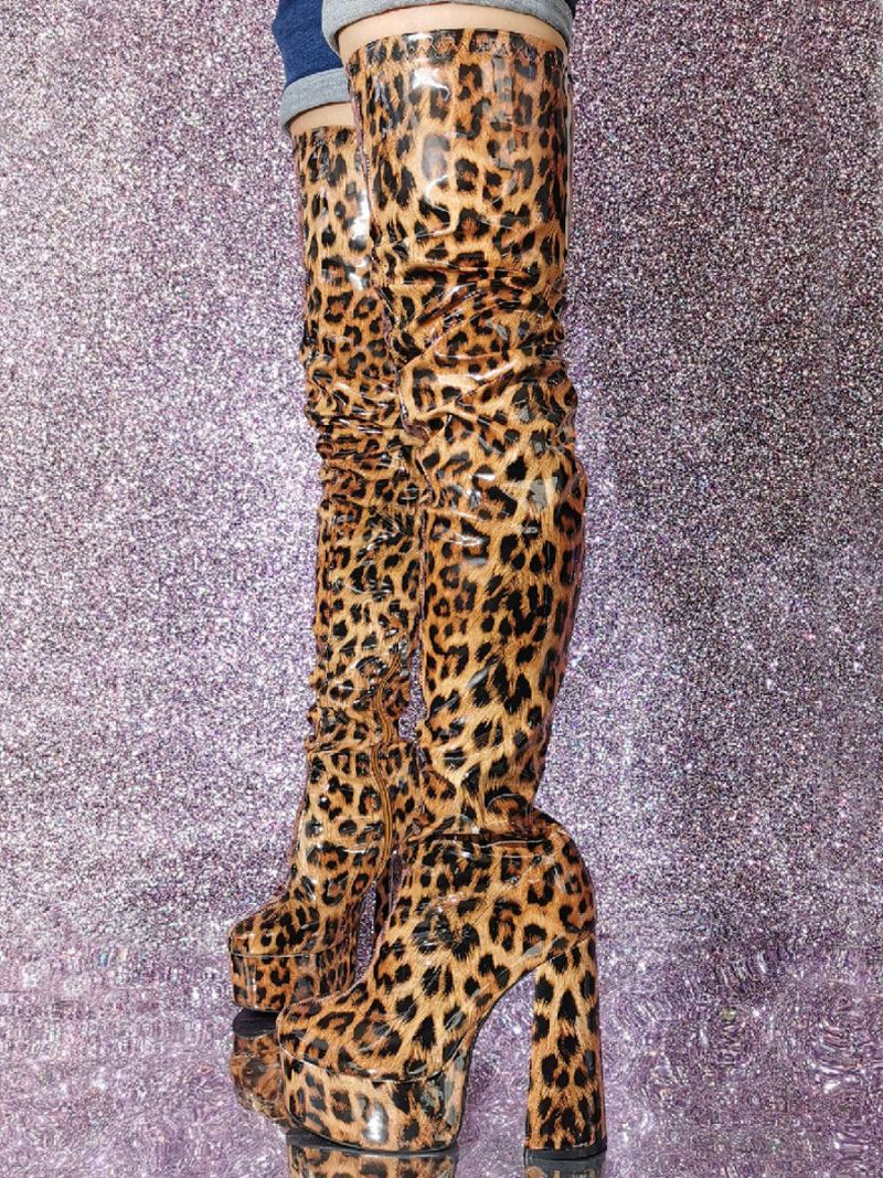 Sexy Høye Lårstøvler For Kvinner Leopardplattform Støvler Med Høy Hæl Over Kneet - Leopard