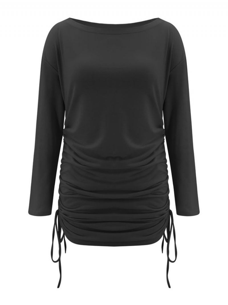 Kvinner Hvit Bodycon-kjole Langermer Snøring Sexy Scoop Neck Slim Fit Wrap-kjoler Slire - Sort