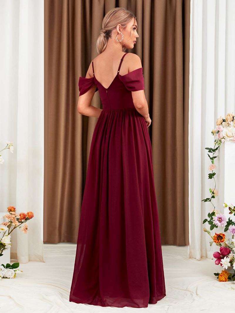 Burgundy Chiffongkjole For Kvinner Crossover Kald Skulder Med Høy Splitt Prom Maxikjoler - Burgunder