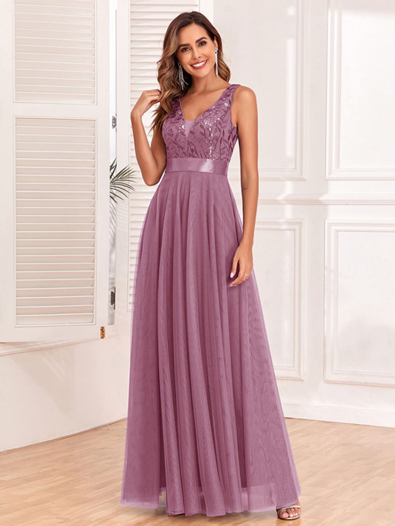 Dame Paljetter Kjole Ermeløs Empire Midje A-linje Elegante Prom Maxikjoler - Varm Rosa