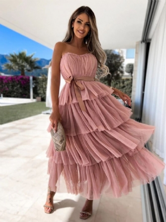 Dame Tyll Ruffles Dress Off The Shoulder Lagdelte Maksikjoler Med Belte