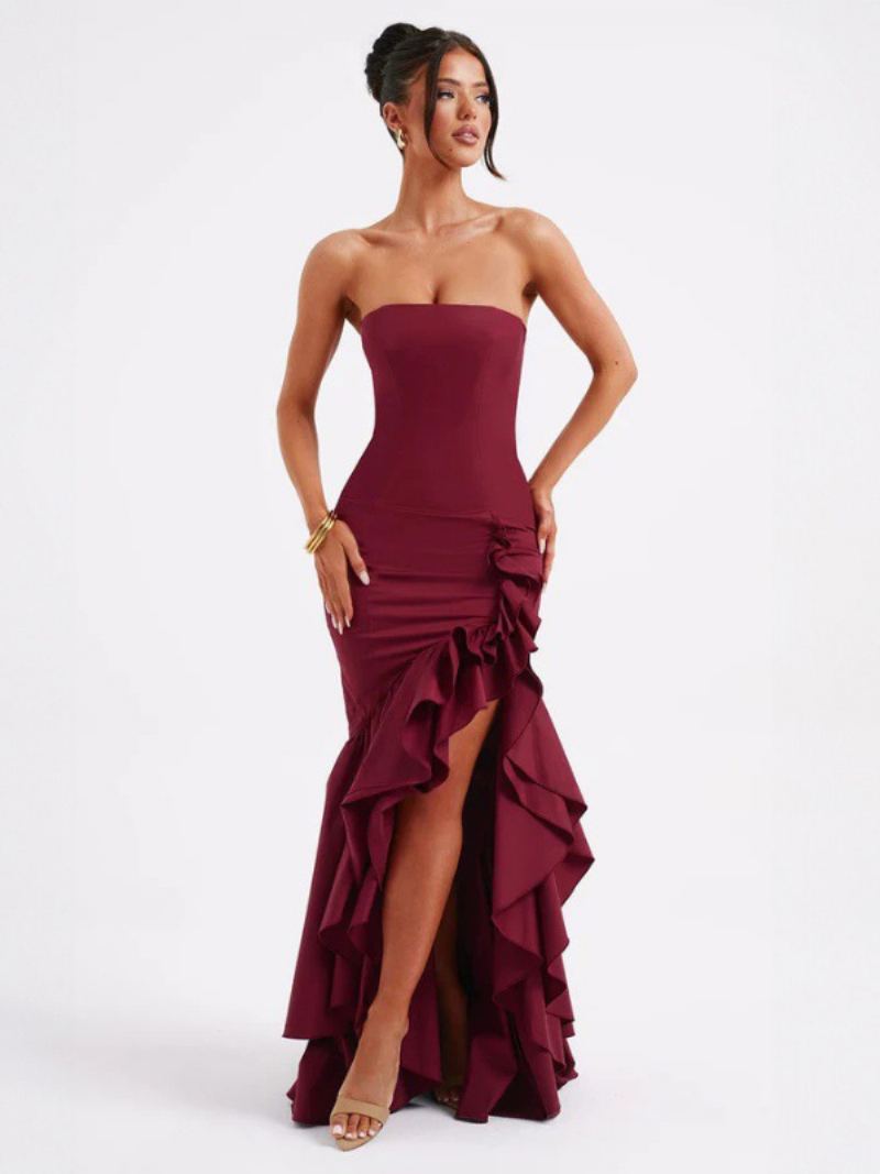 Kvinners Blå Ballkjole Off The Shoulder Ruffles Asymmetriske Elegante Maxikjoler - Burgunder