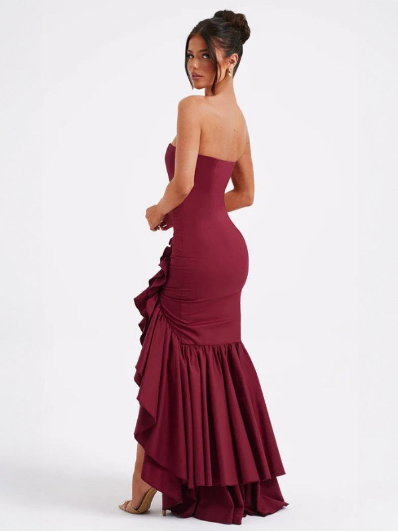 Kvinners Blå Ballkjole Off The Shoulder Ruffles Asymmetriske Elegante Maxikjoler - Burgunder