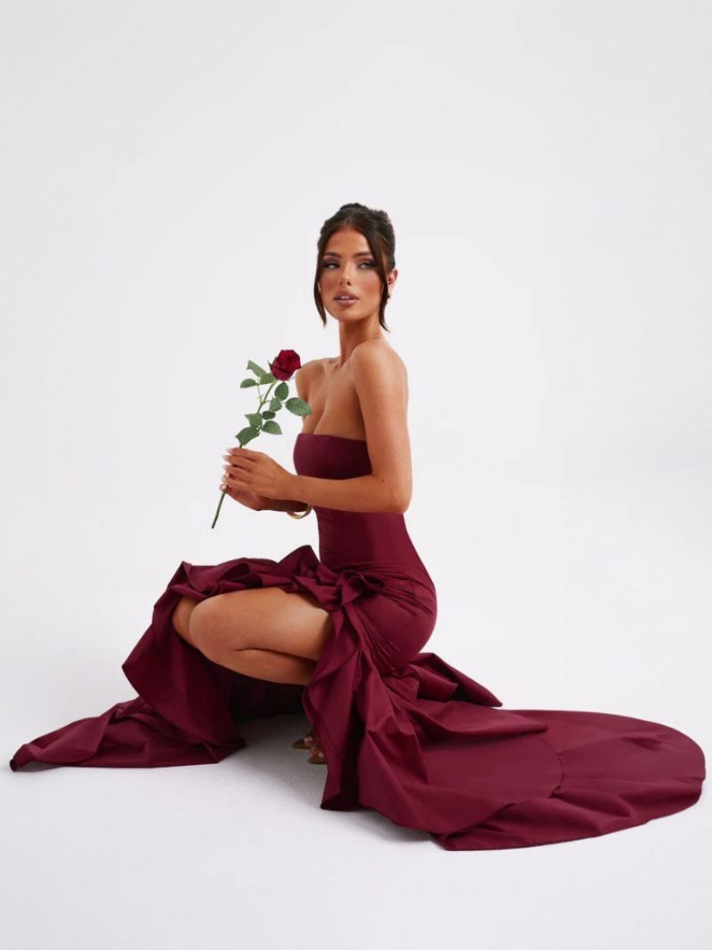 Kvinners Blå Ballkjole Off The Shoulder Ruffles Asymmetriske Elegante Maxikjoler - Burgunder