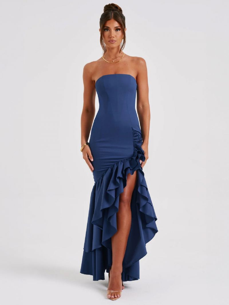 Kvinners Blå Ballkjole Off The Shoulder Ruffles Asymmetriske Elegante Maxikjoler - Blå