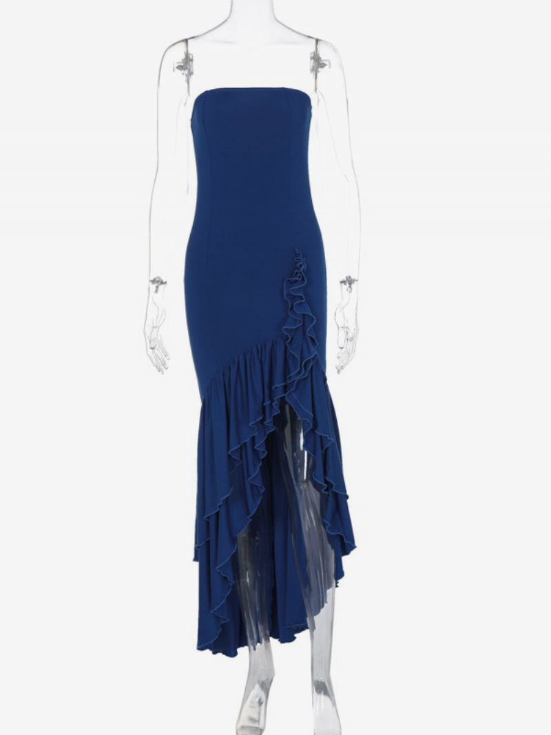 Kvinners Blå Ballkjole Off The Shoulder Ruffles Asymmetriske Elegante Maxikjoler - Blå