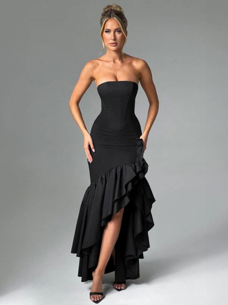 Kvinners Blå Ballkjole Off The Shoulder Ruffles Asymmetriske Elegante Maxikjoler - Sort