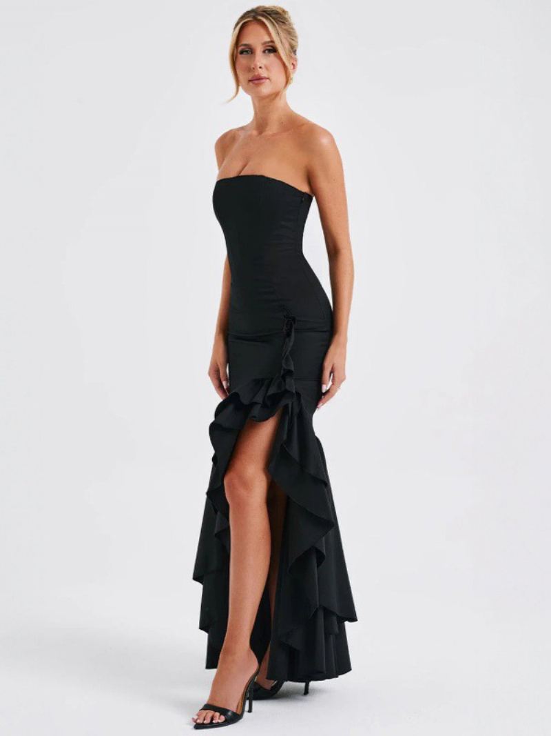 Kvinners Blå Ballkjole Off The Shoulder Ruffles Asymmetriske Elegante Maxikjoler - Sort