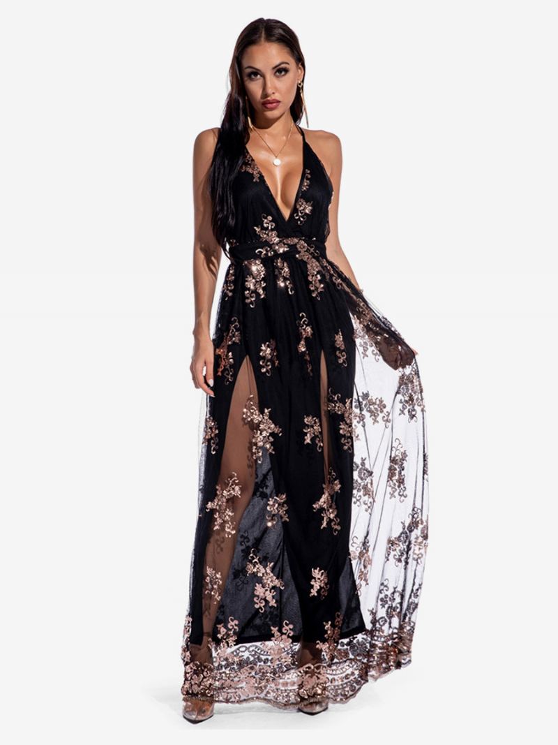 Kvinners Sexy Kjole Stupe Spaghetti Stropper Broderi Tyll Maxi Kjoler - Sort