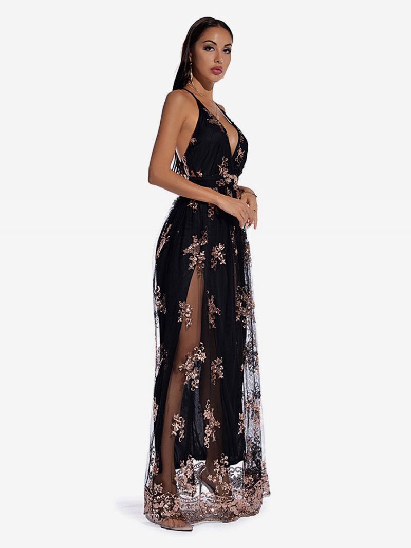 Kvinners Sexy Kjole Stupe Spaghetti Stropper Broderi Tyll Maxi Kjoler - Sort