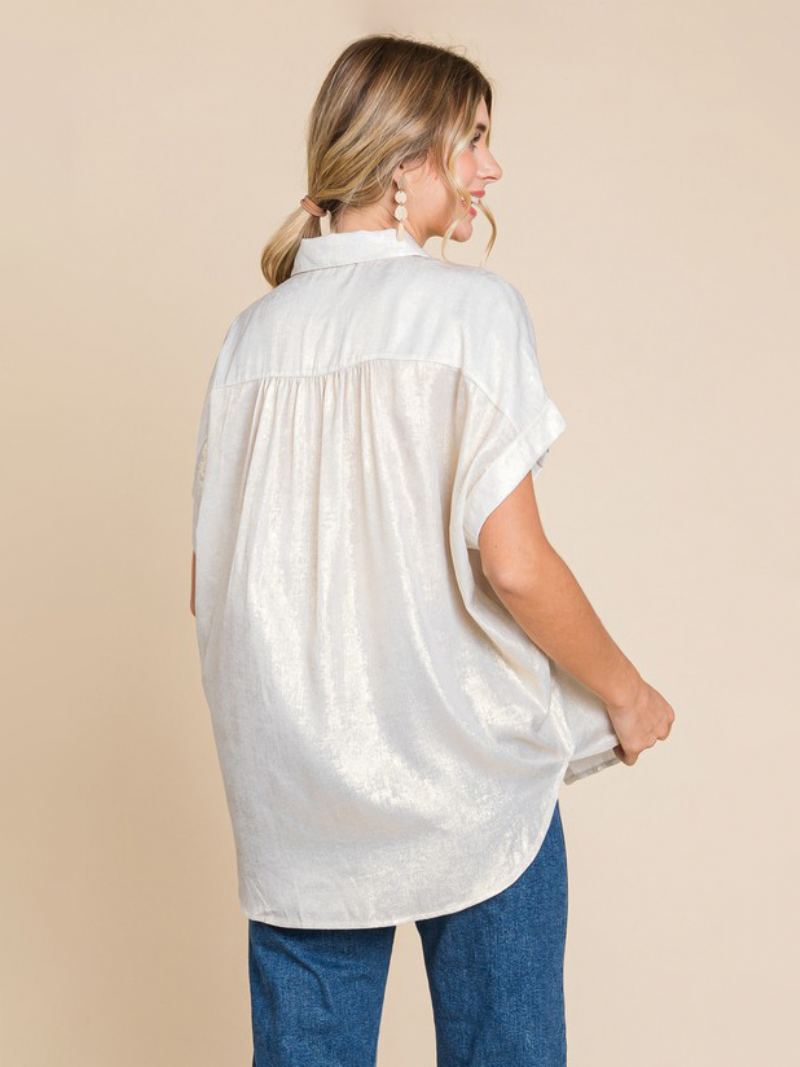 Bluse For Kvinner Hvit Overdimensjonert Plissert Turndown-krage Uformelt Korte Ermer Polyester Topper - Hvit