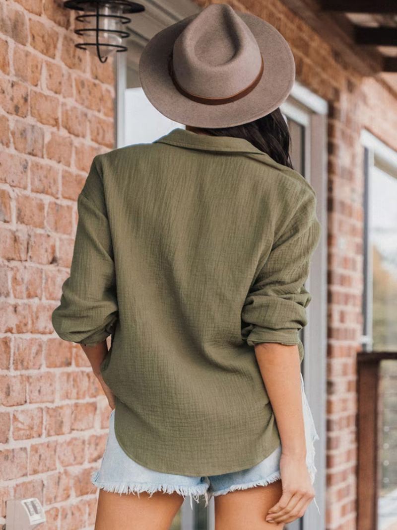 Olivenbluseknapper For Kvinner Langermet Oversized Busniess Casual Bluser - Oliven